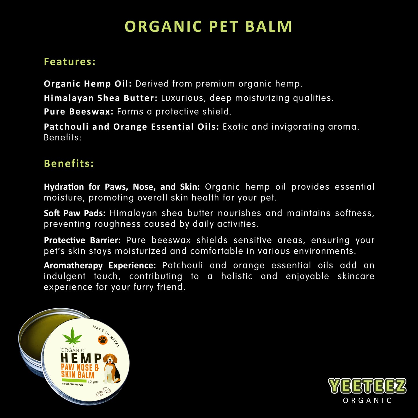 Organic Pet Paw, Nose and Skin Balm